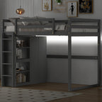 Wood Full Size Loft Bed With Built-in Wardrobe and Storage Shelves