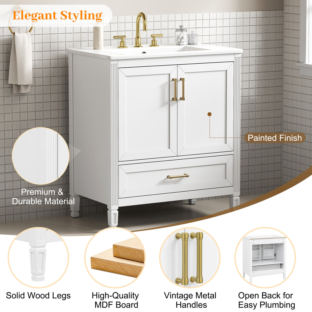 30" Elegant Fluted Bathroom Vanity with Ceramic Sink
