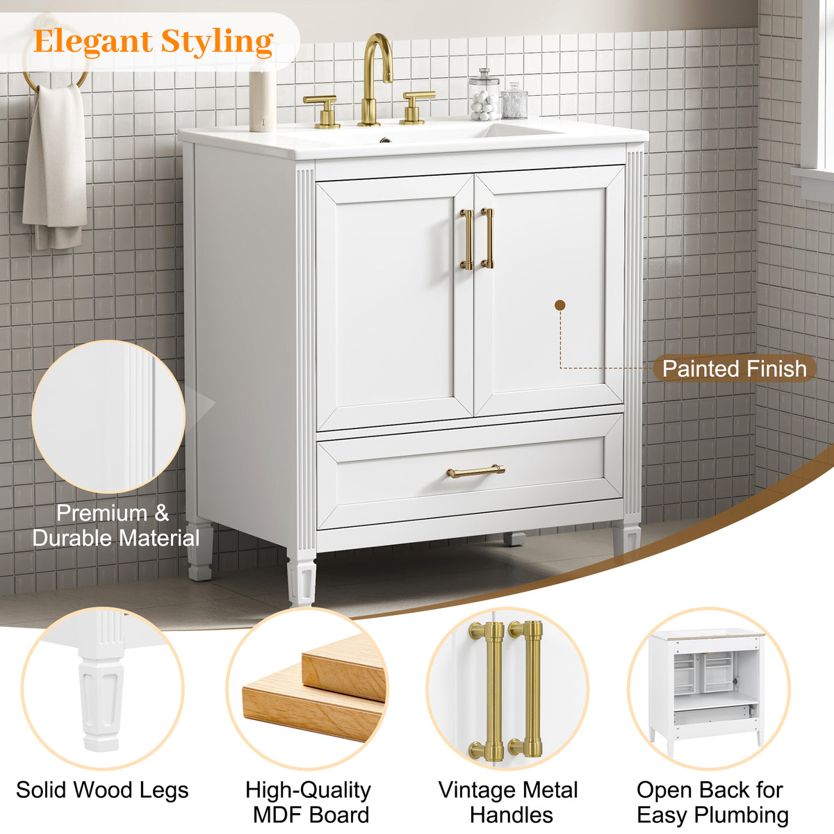 30" Elegant Fluted Bathroom Vanity with Ceramic Sink