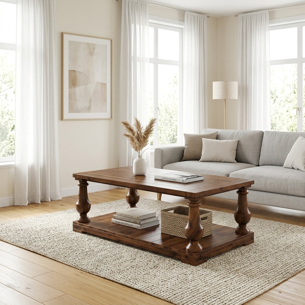 Farmhouse Coffee Table with Storage Shelf, Solid Pine Wood, Walnut