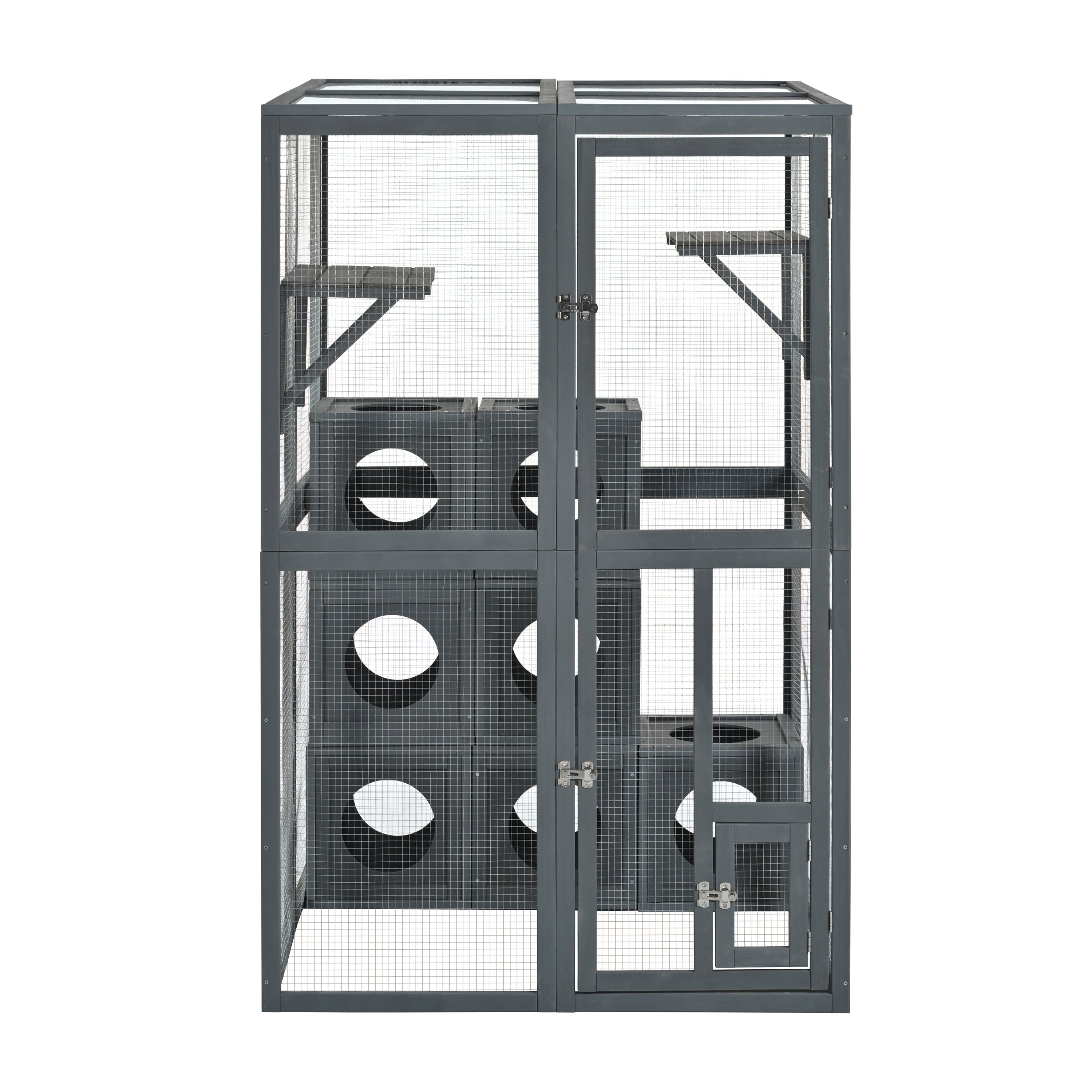 Grey Pine Wood Outdoor Cat House with Shelves and Weather Protection