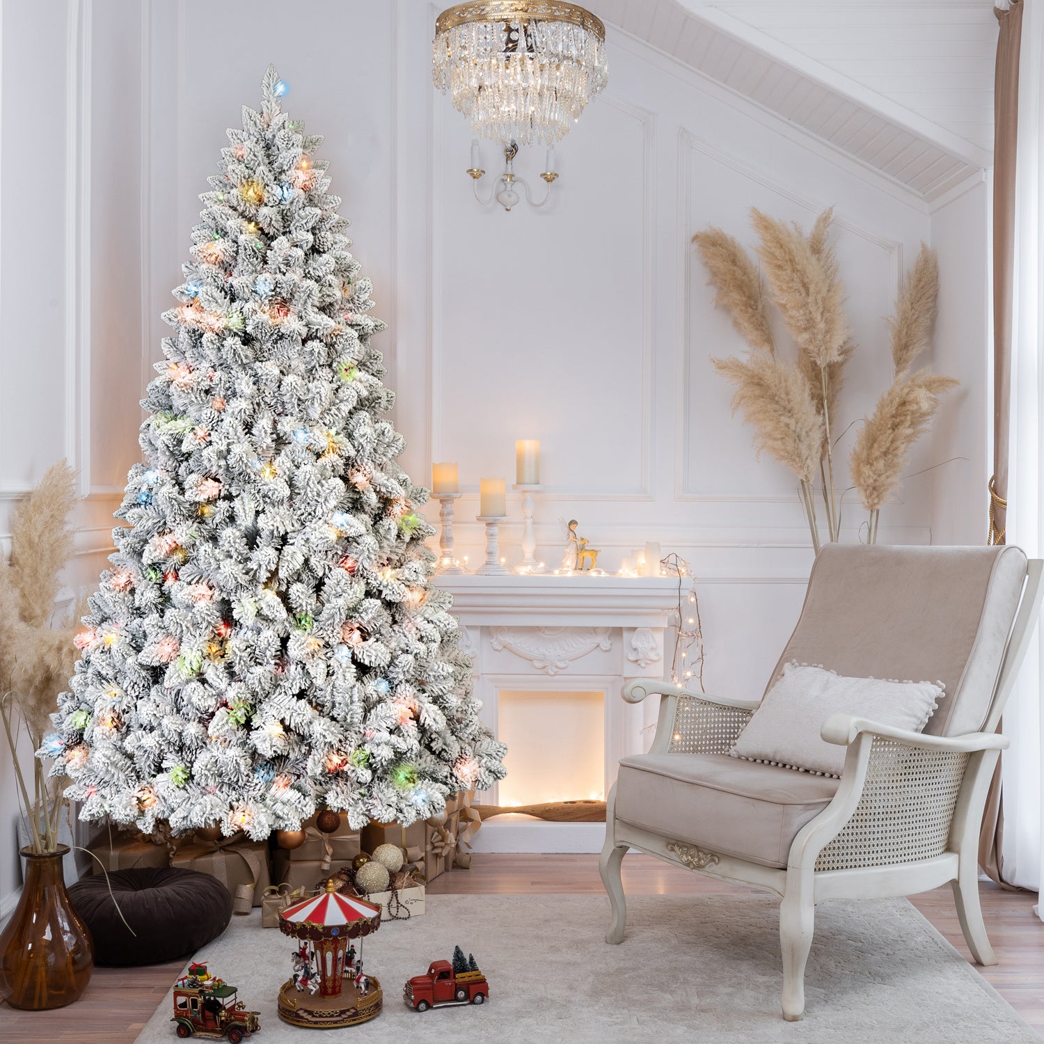 4FT Flocked Christmas Tree with 150 Colorful UL Lights and 21 Pine Cones