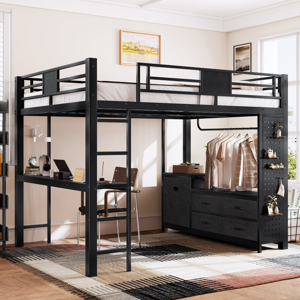 Queen Size Loft Bed with Desk & Shelves