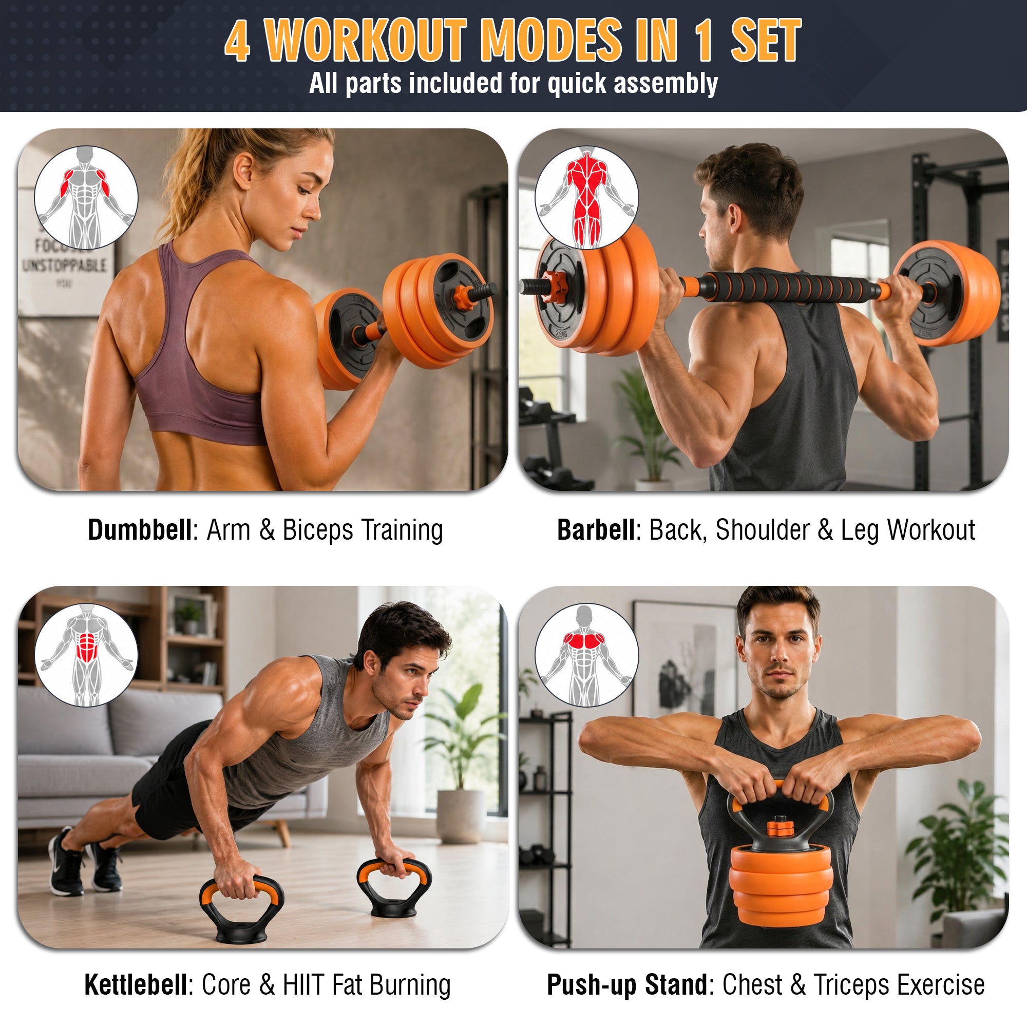 66LB Adjustable Dumbbell Set, 4-in-1 Convertible Weights