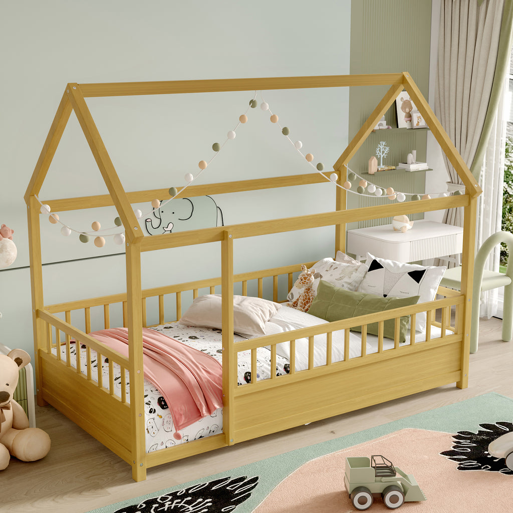 Twin Size Floor Wooden Bed with House Roof Frame