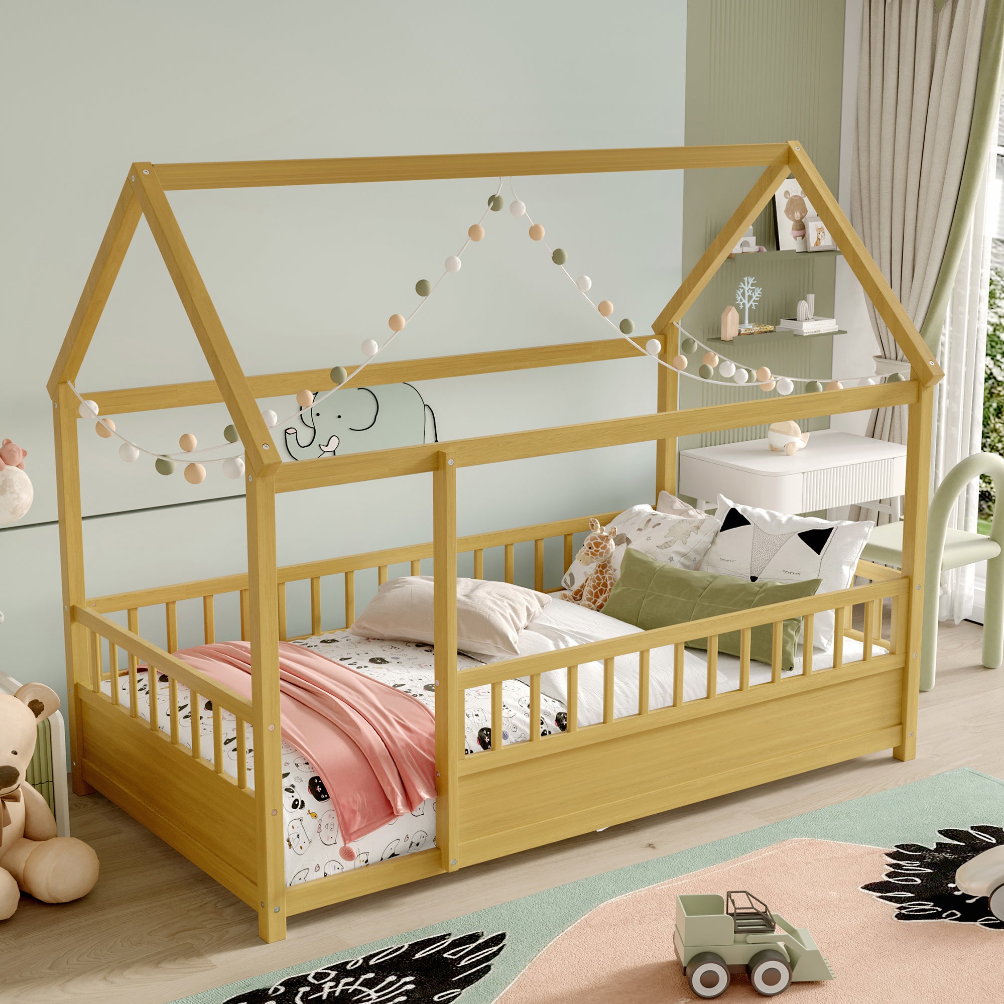 Twin Size Floor Wooden Bed with House Roof Frame