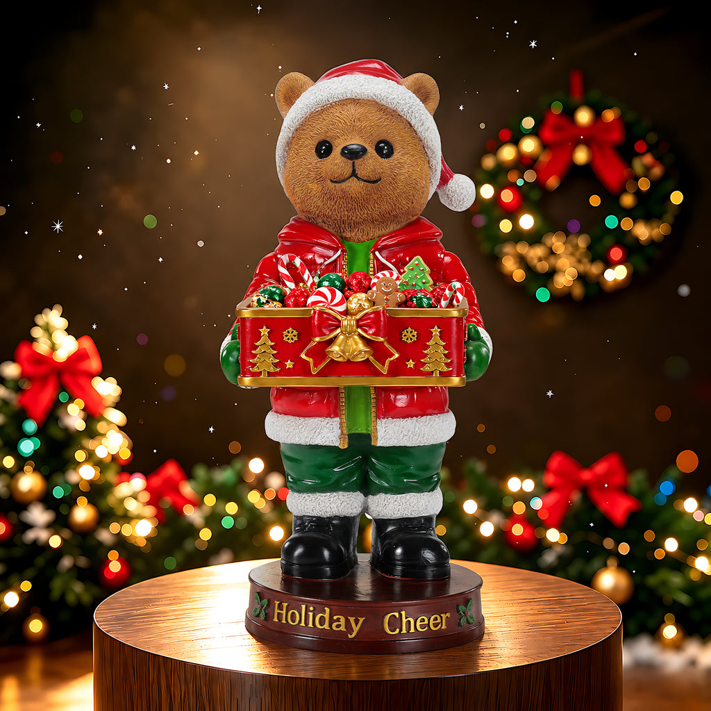 Christmas Bear Statue with Storage Tray, Red Resin, 18.5 Inches