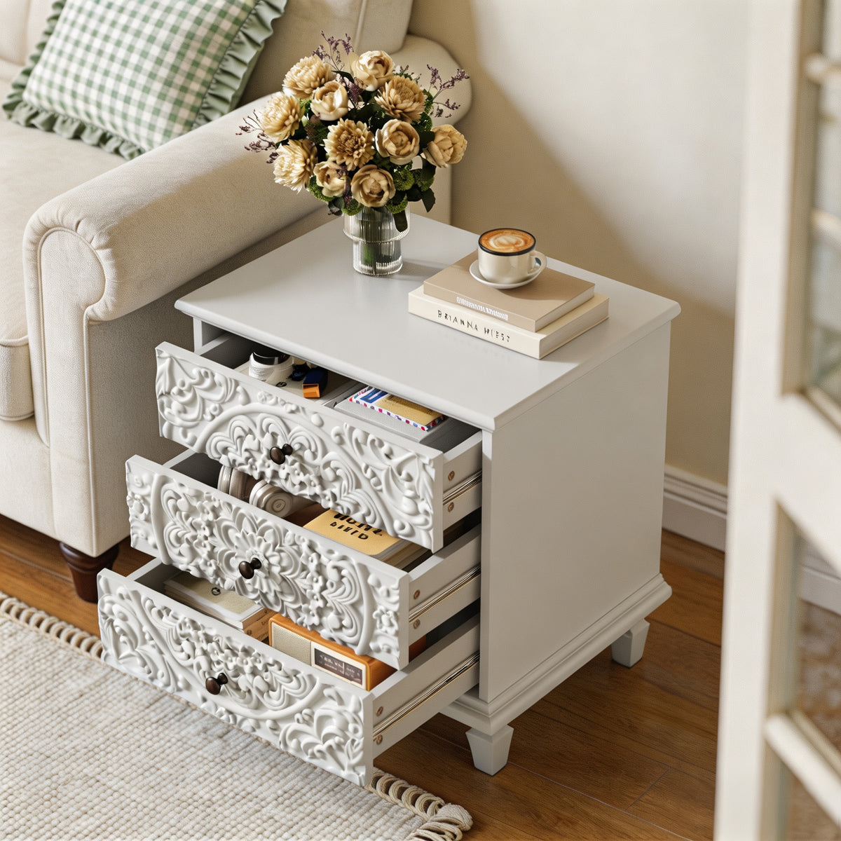 Carved Wood Nightstand with 3 Drawers, White Farmhouse Style