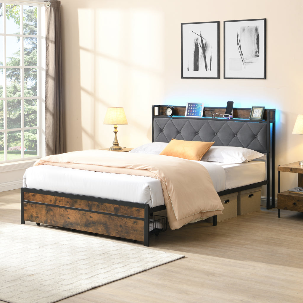 Full Bed Frame with Storage and LED Lights