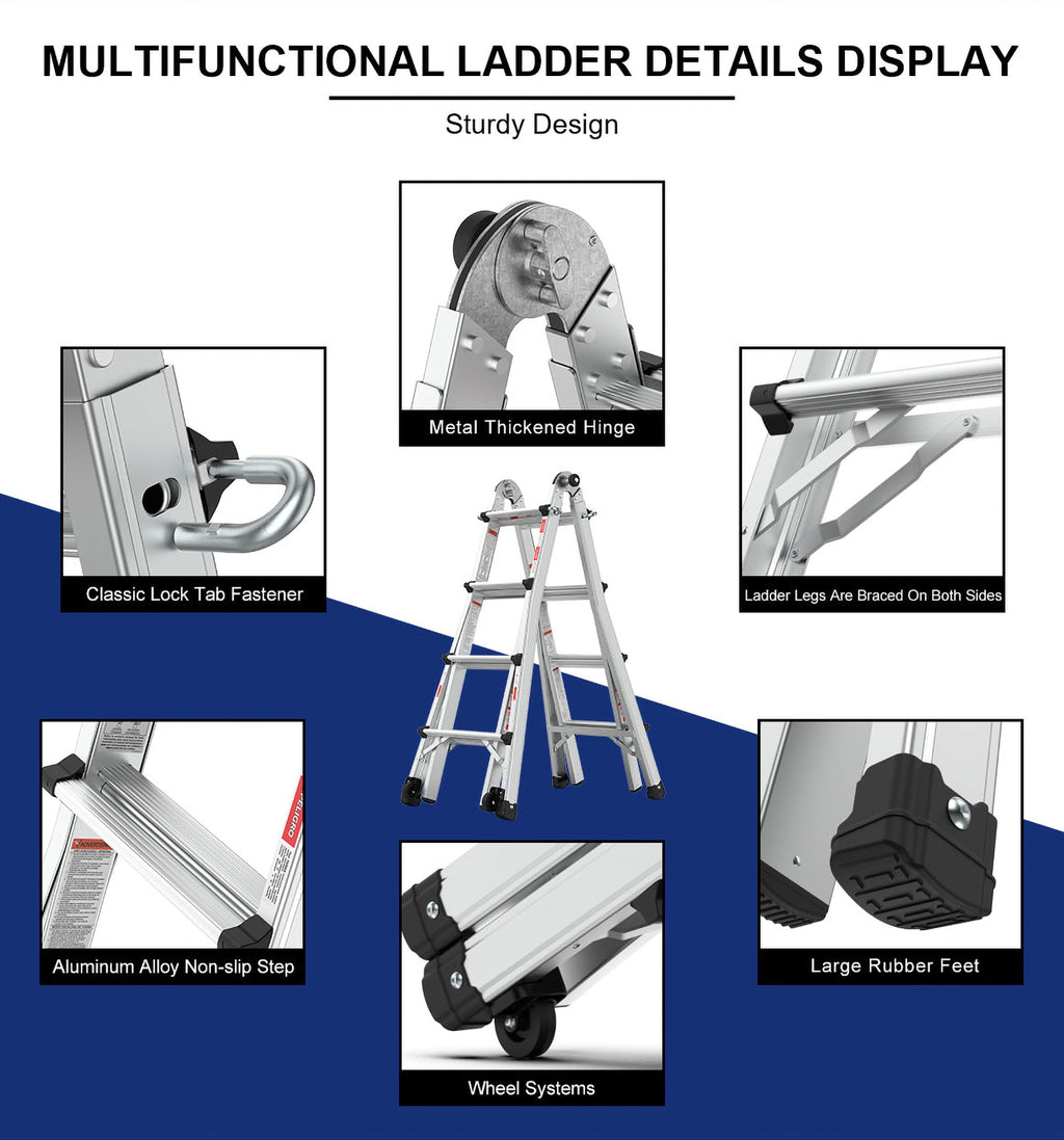 Aluminum Multi-Position Ladder with Wheels, 22 FT, 300 lbs Capacity