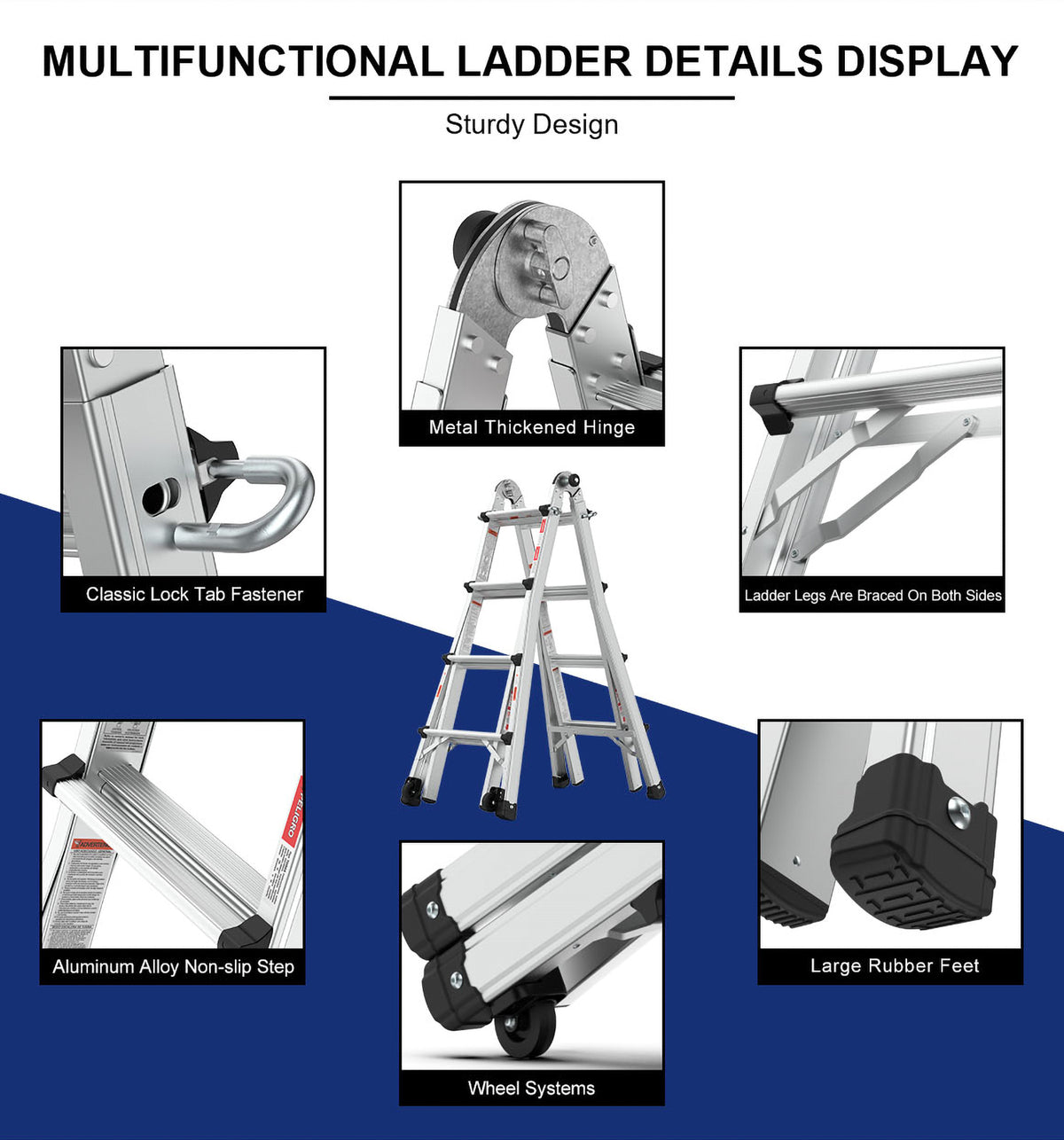 Aluminum Multi-Position Ladder with Wheels, 22 FT, 300 lbs Capacity