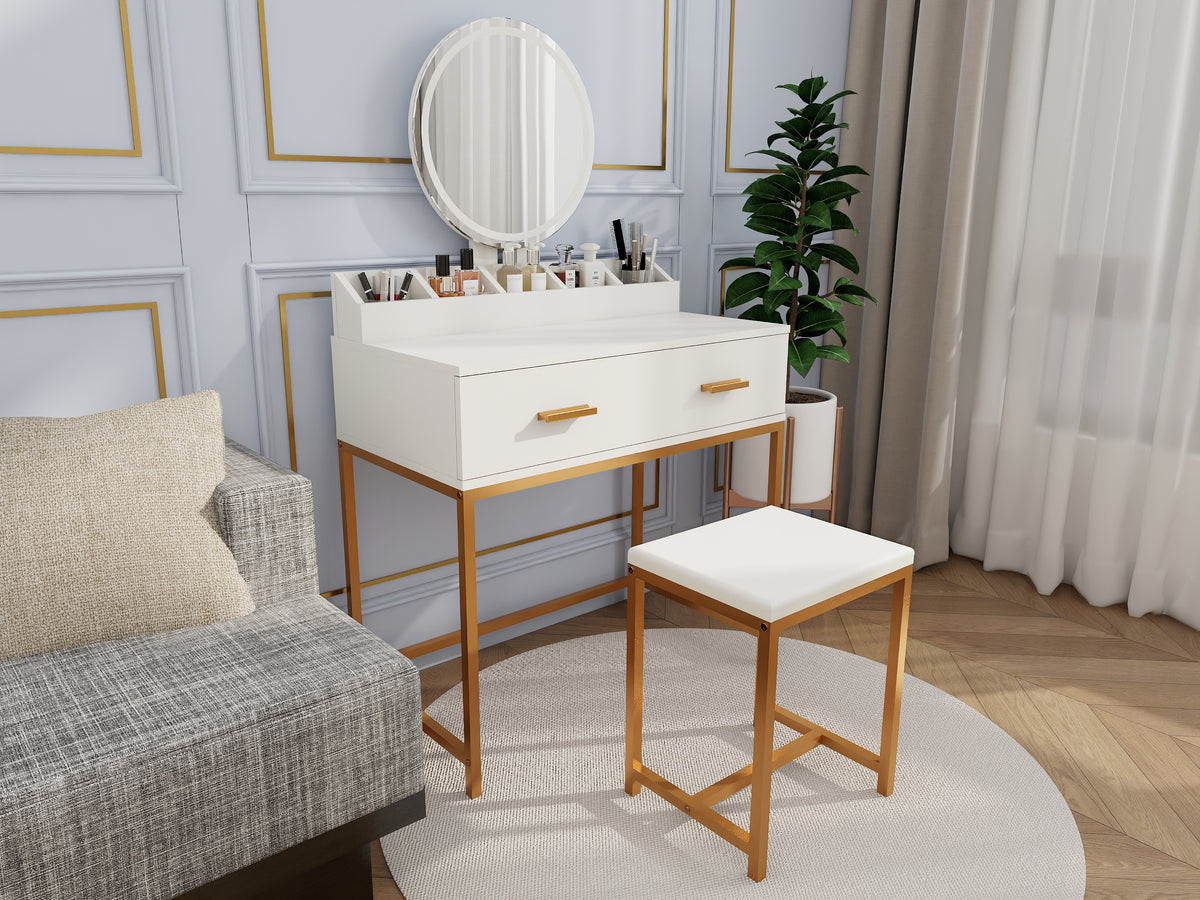 Vanity Set with Mirror and Stool, 31.5-Inch, Ancient White