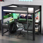 Wood Full Size Gaming Loft Bed with Desk, Storage Shelves, LED and Charging Station