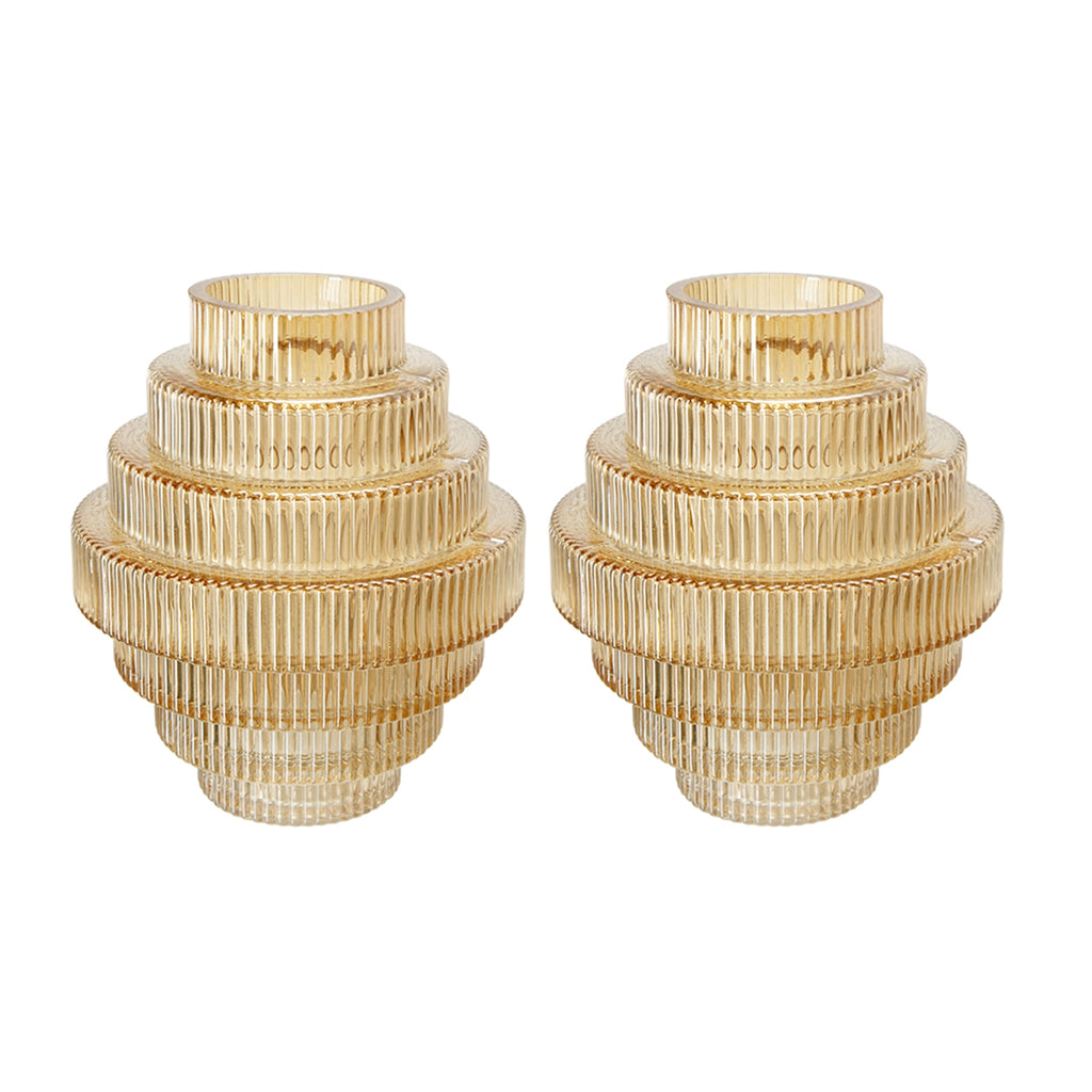 D5.9x6.7" Tiered Geometric Amber Luster Clear Vase, Set of 2