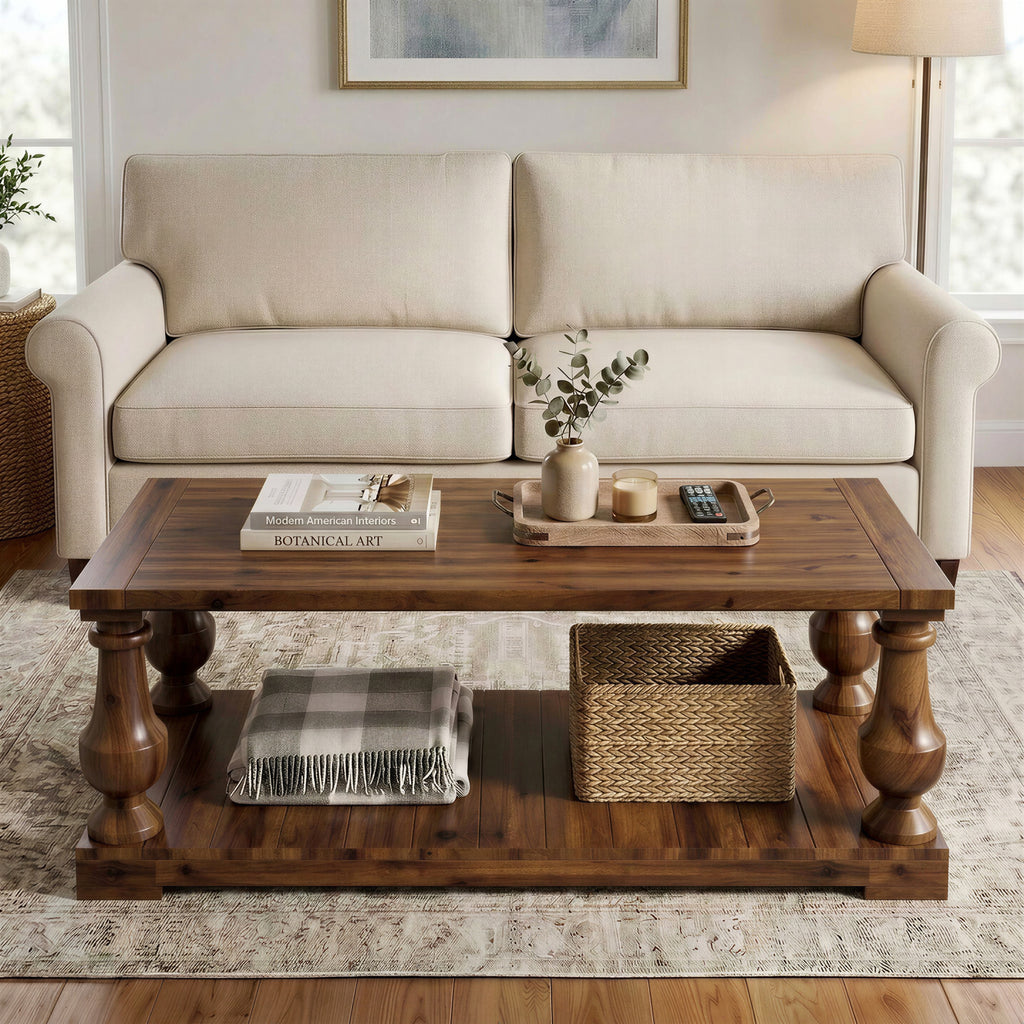 Farmhouse Coffee Table with Storage Shelf, Solid Pine Wood, Walnut