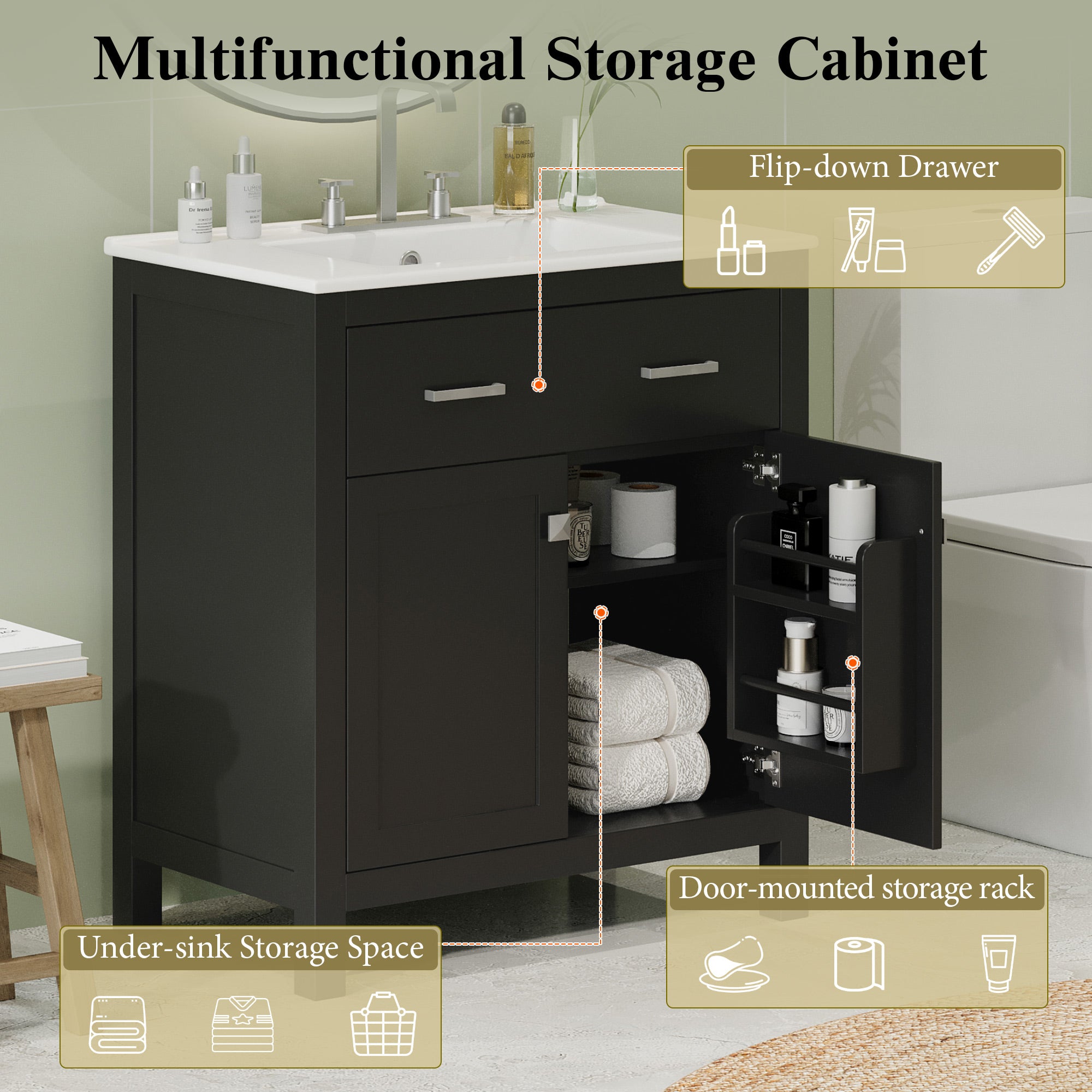 60" Modern Black Bathroom Vanity Set