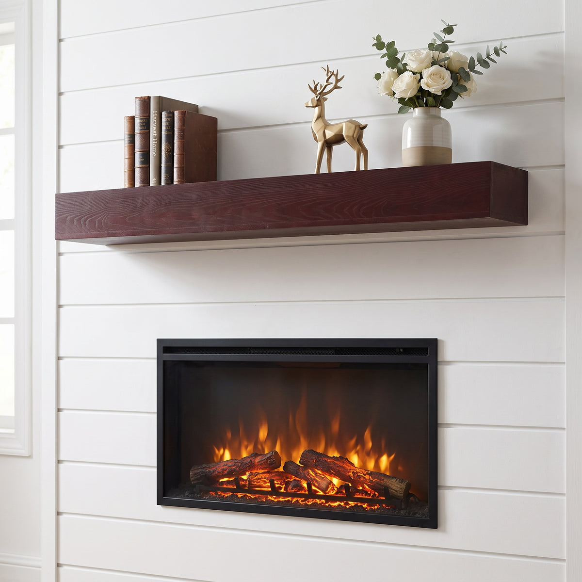 60-Inch Fireplace Mantel Floating Shelf, Solid Pine Wood, Dark Walnut