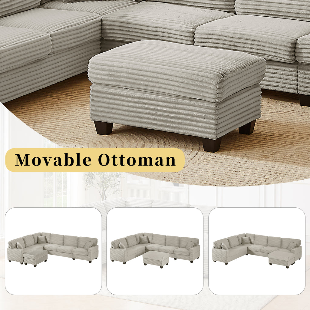 U-Shaped Sectional Sofa with Movable Ottoman and Side Storage Pockets