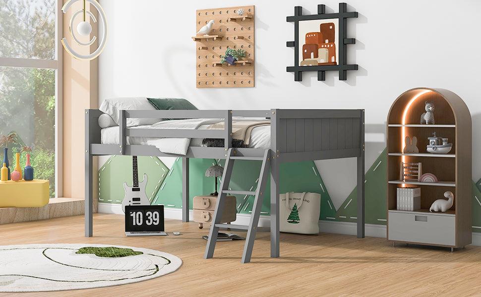 Full Size Wood Low Loft Bed with Ladder
