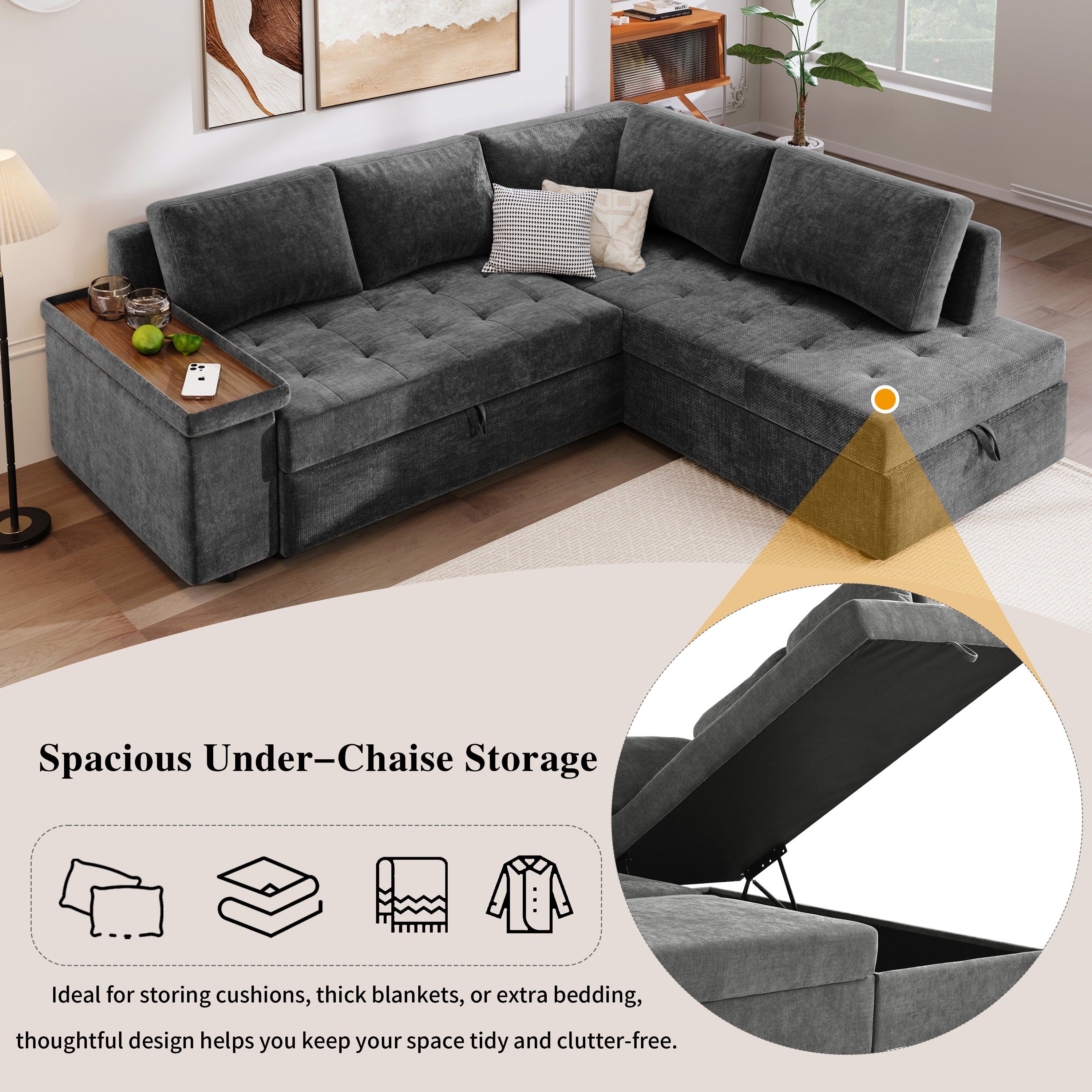 Mirod 91.5-Inch L Shaped Couch with Pull Out Bed