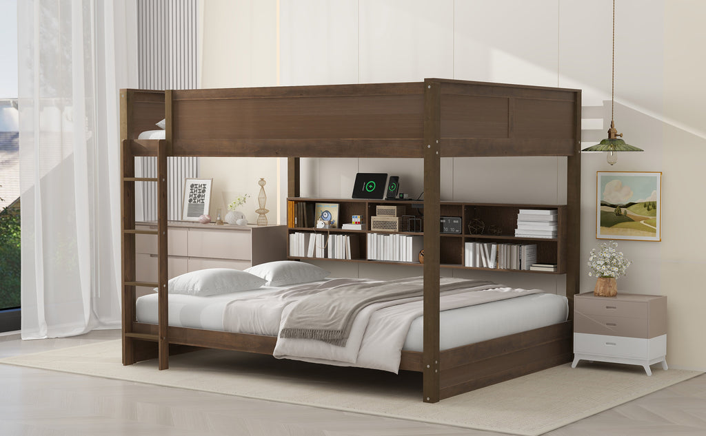 Queen over Queen Bunk Bed with Storage Cabinets and USB Ports