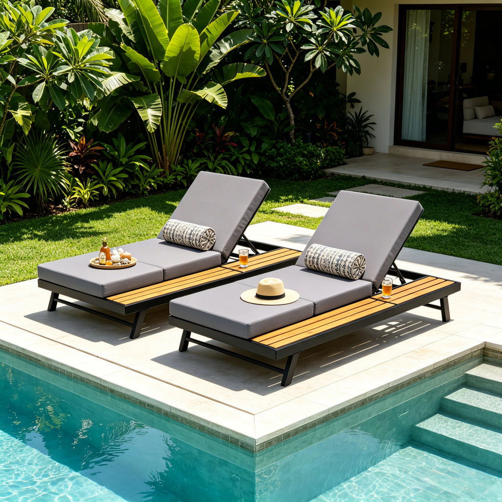 Black Iron + Teak Finish Chaise Lounge Set with Dark Grey Cushion