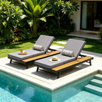 Black Iron + Teak Finish Chaise Lounge Set with Dark Grey Cushion
