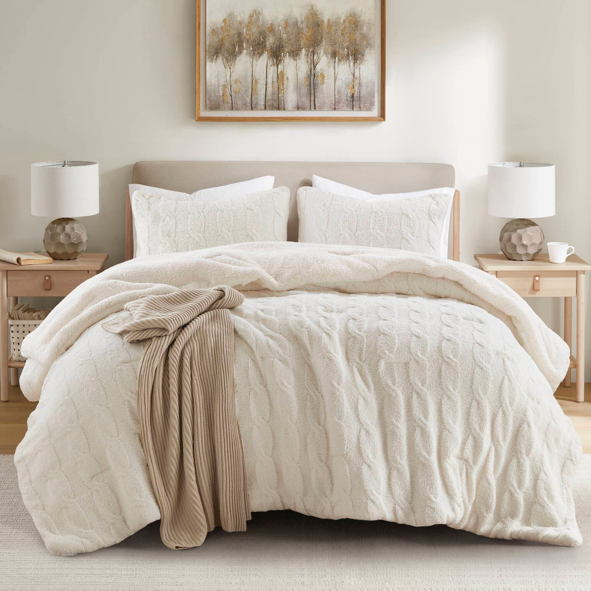 2 Pieces Twin Cable Knit Chenille Comforter Set