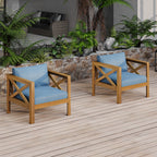 Outdoor Acacia Wood Club Wooden Armchair with Cushions (Set of 2)