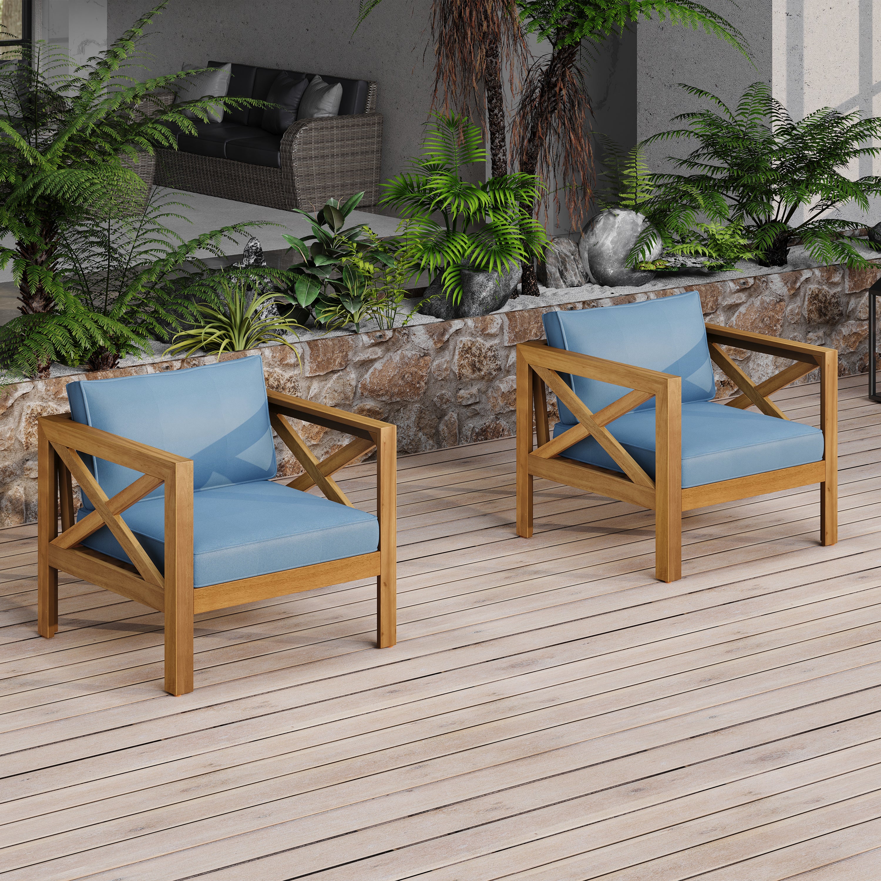 Outdoor Acacia Wood Club Wooden Armchair with Cushions (Set of 2)