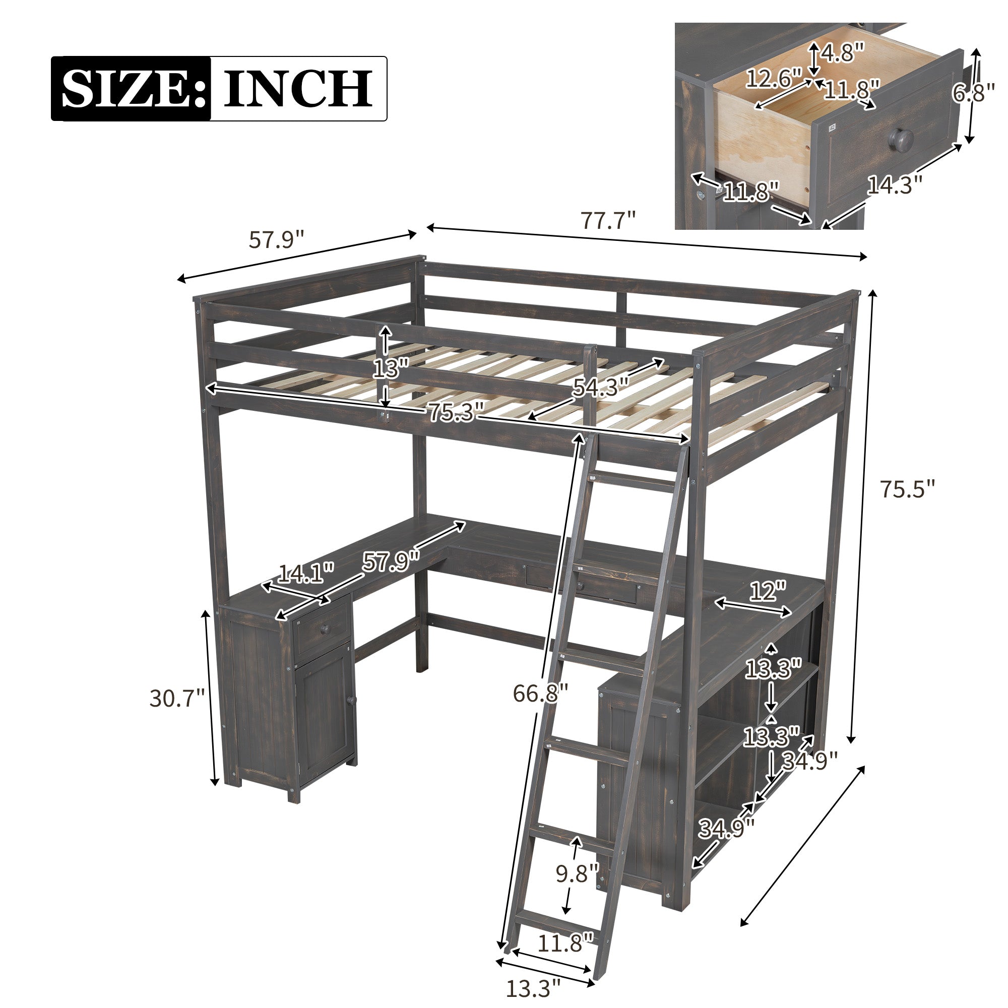 Full Size Loft Bed with U-shaped Desk, Drawers and Storage Shelves
