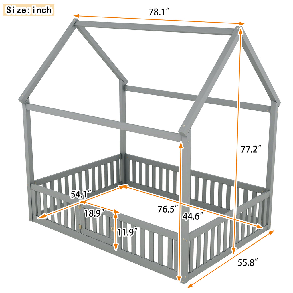 Full Size Wood House Bed with Fence and Door