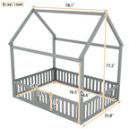 Full Size Wood House Bed with Fence and Door