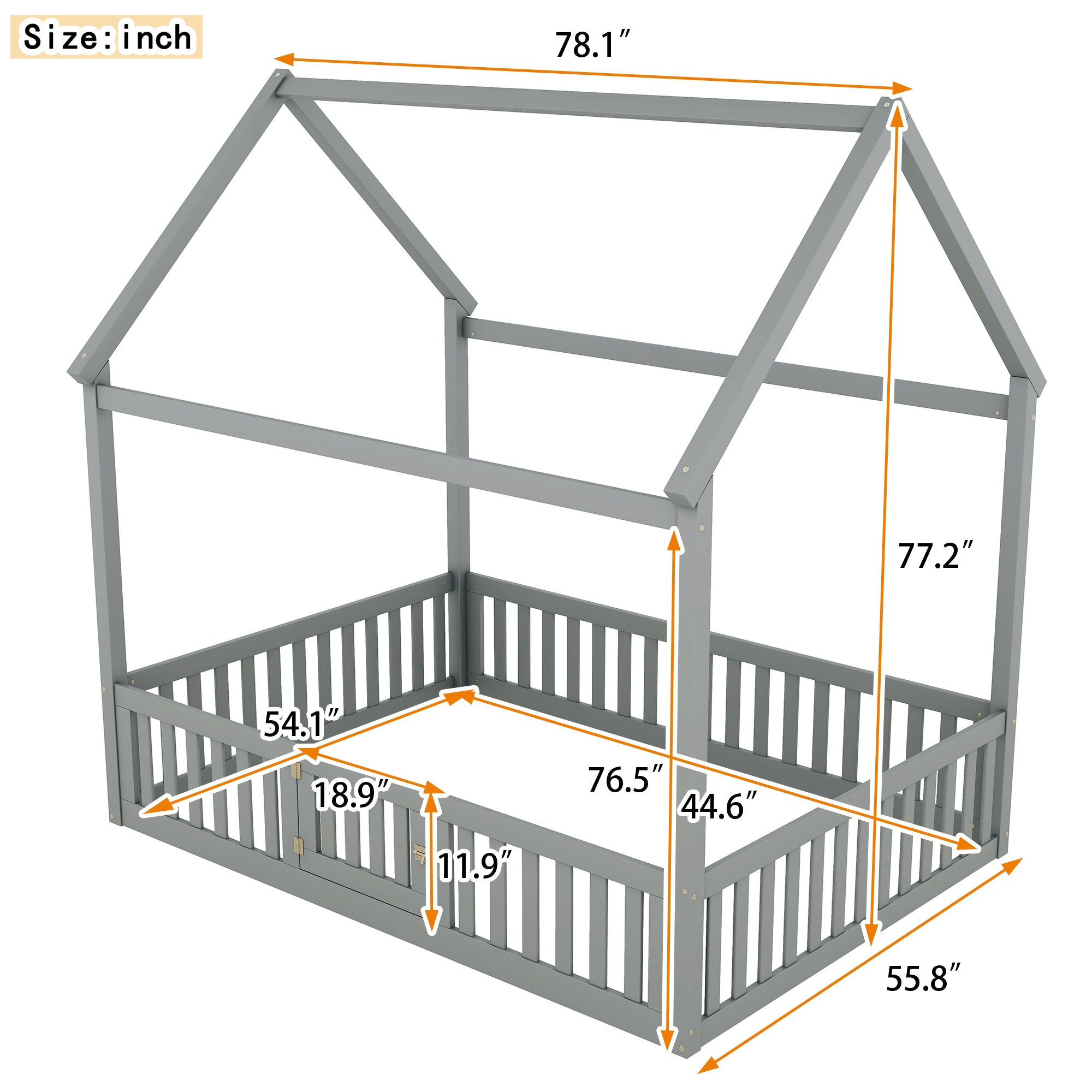 Full Size Wood House Bed with Fence and Door