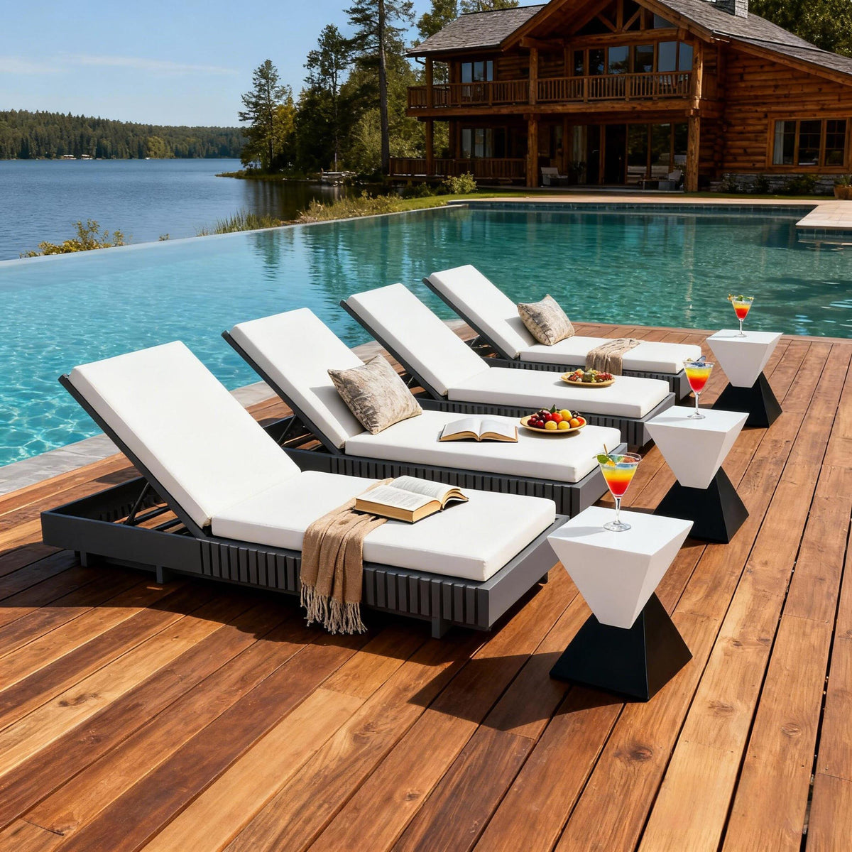 Dark Gray Acacia Wood Outdoor Chaise Lounge with Adjustable Backrest, 76.8 Inches