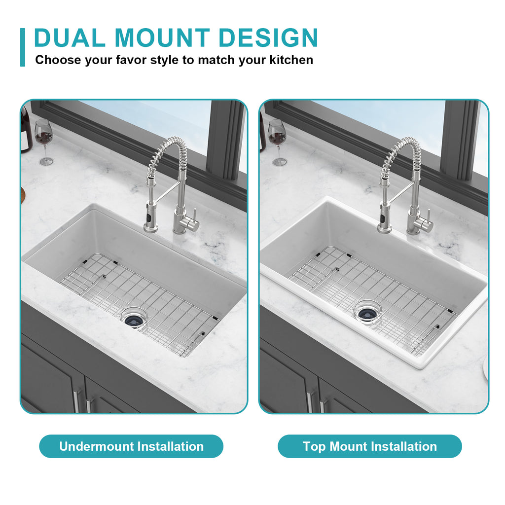 32"x19"x10" Undermount Single Bowl Fireclay Kitchen Sink