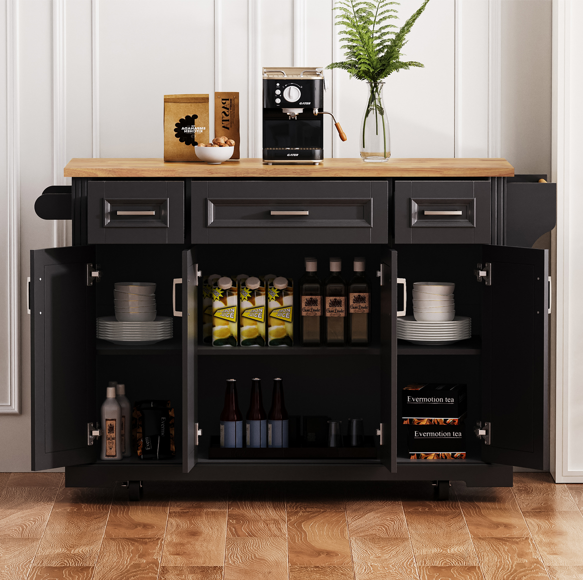 K&K 54-Inch Large Kitchen Island with Rubber Wood Drop Leaf