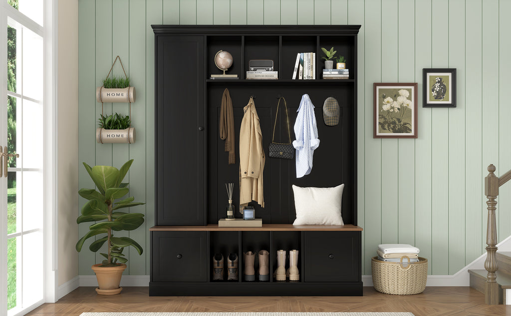 Vibe Haus 62.2''W Farmhouse Hall Tree with Shoe Storage Bench