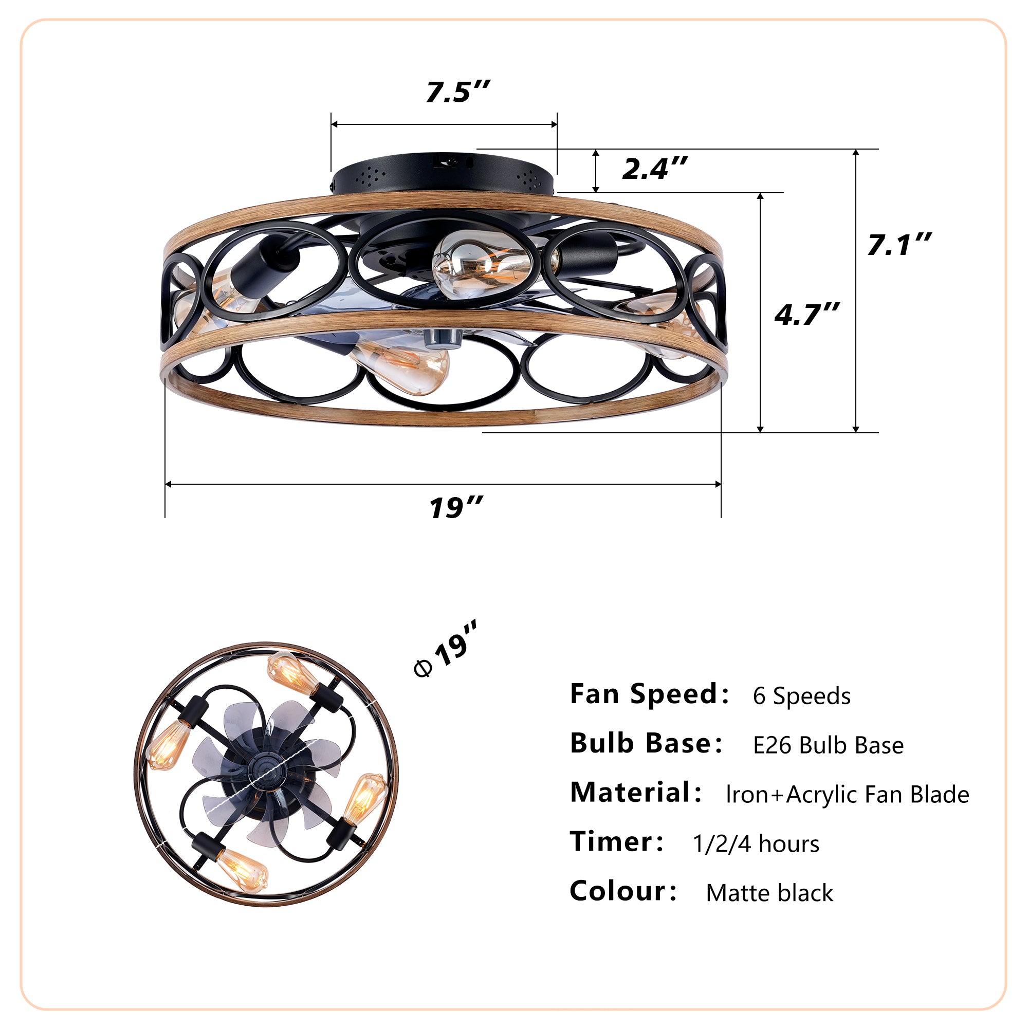 19 Inch 7 Blades Caged Ceiling Fan with Remote Control