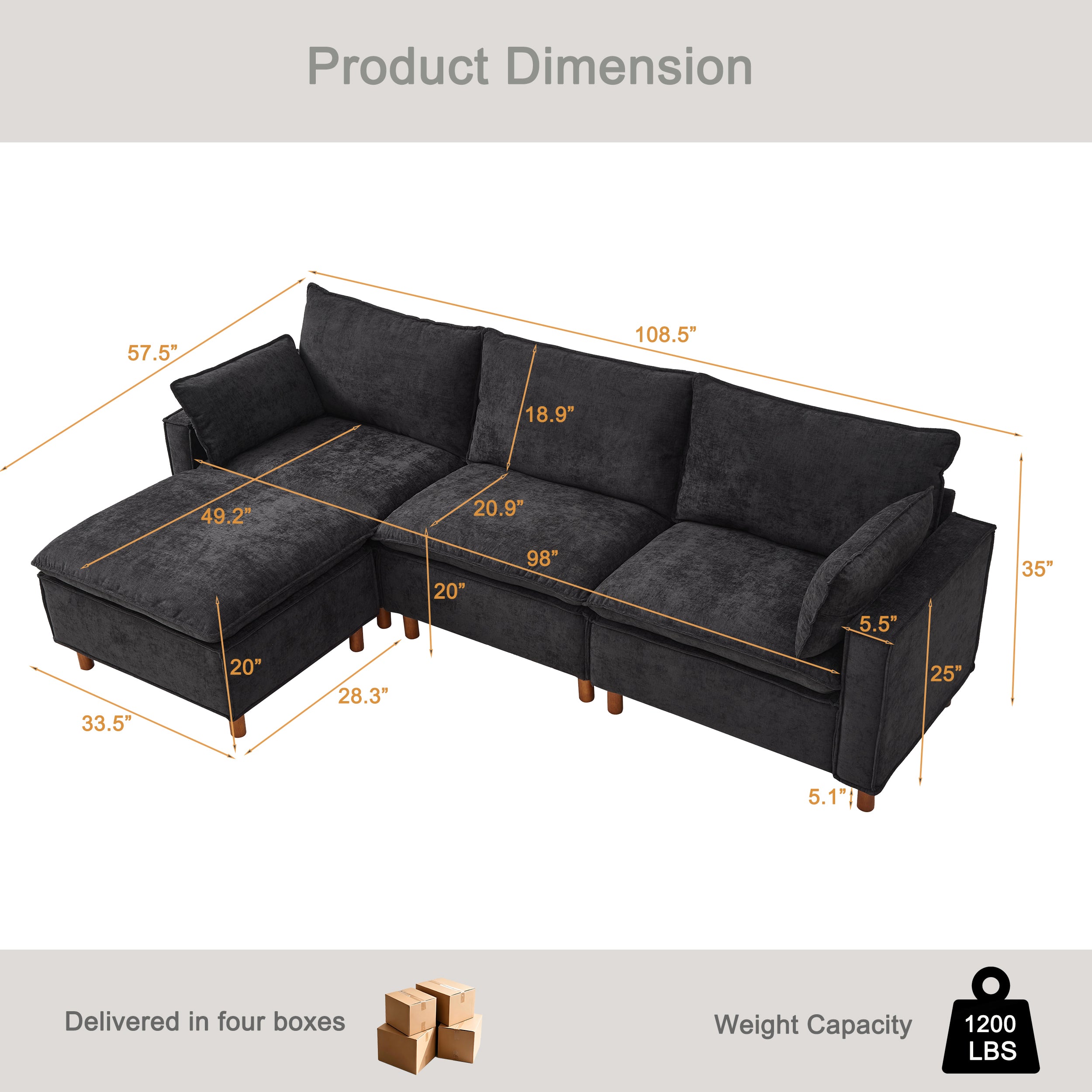 108.5" Modular Sectional L Shape Sofa with Movable Ottoman