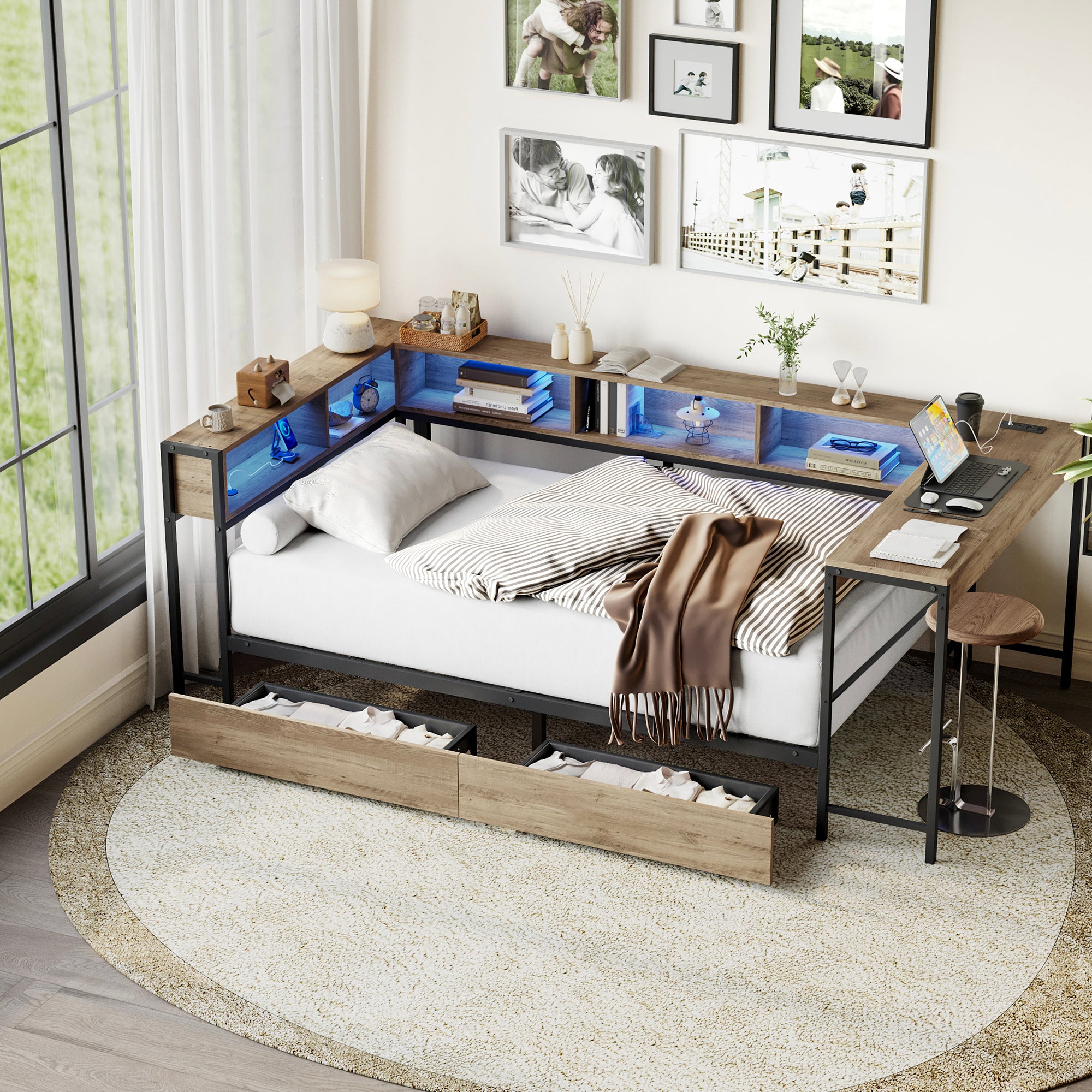 Corner Bed Frame Twin Size with Bookcase and Storage Drawers