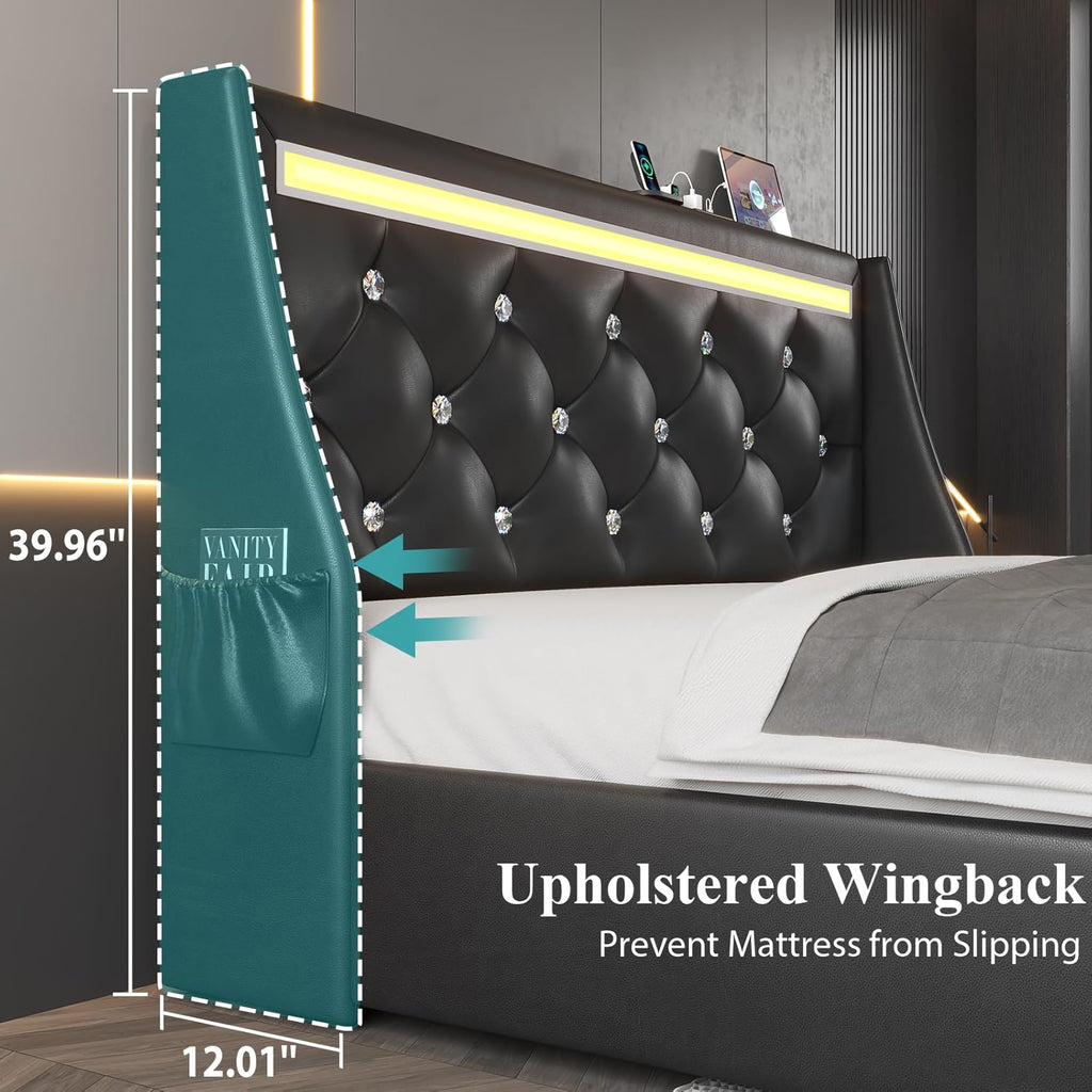 Queen Size Bed Frame with Wingback Upholstered Diamond Headboard
