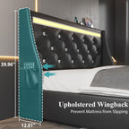 Queen Size Bed Frame with Wingback Upholstered Diamond Headboard