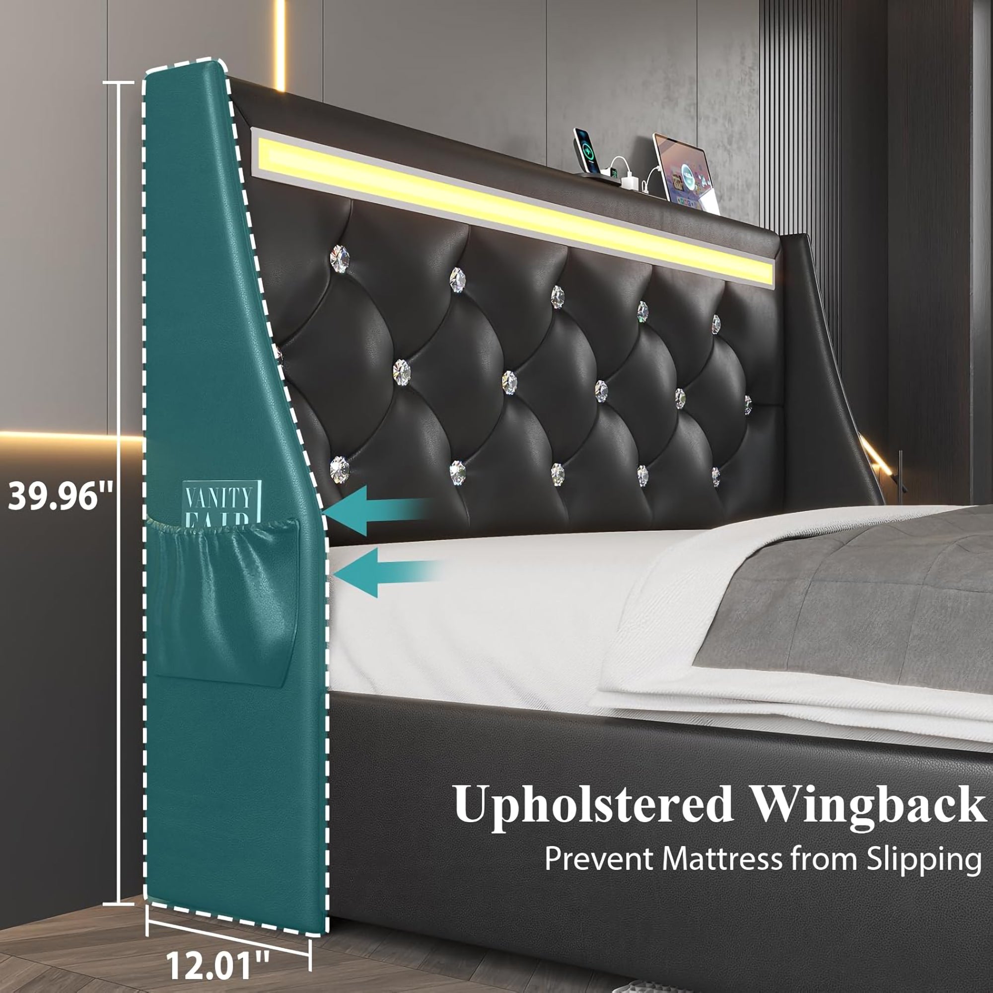 Queen Size Bed Frame with Wingback Upholstered Diamond Headboard