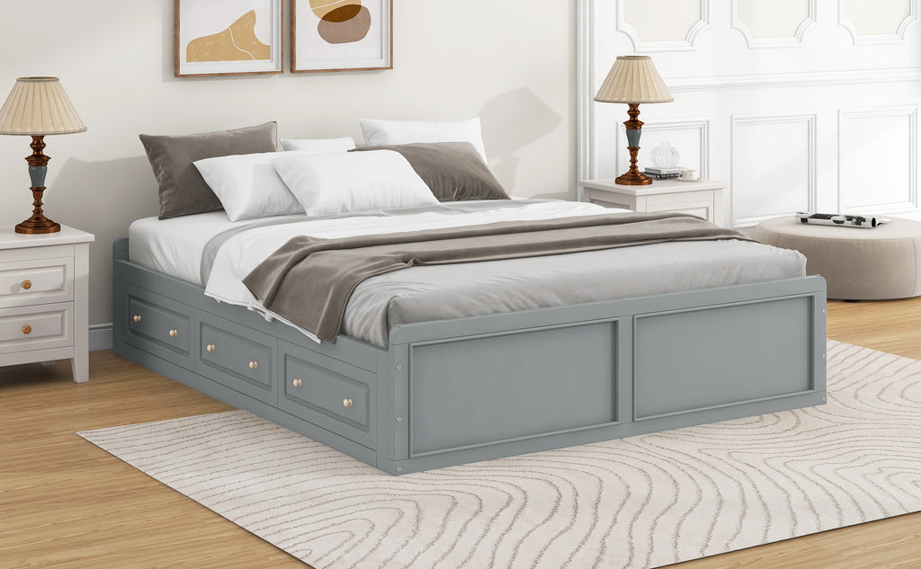 Wood Queen Size Platform Bed Frame with 6 Drawers