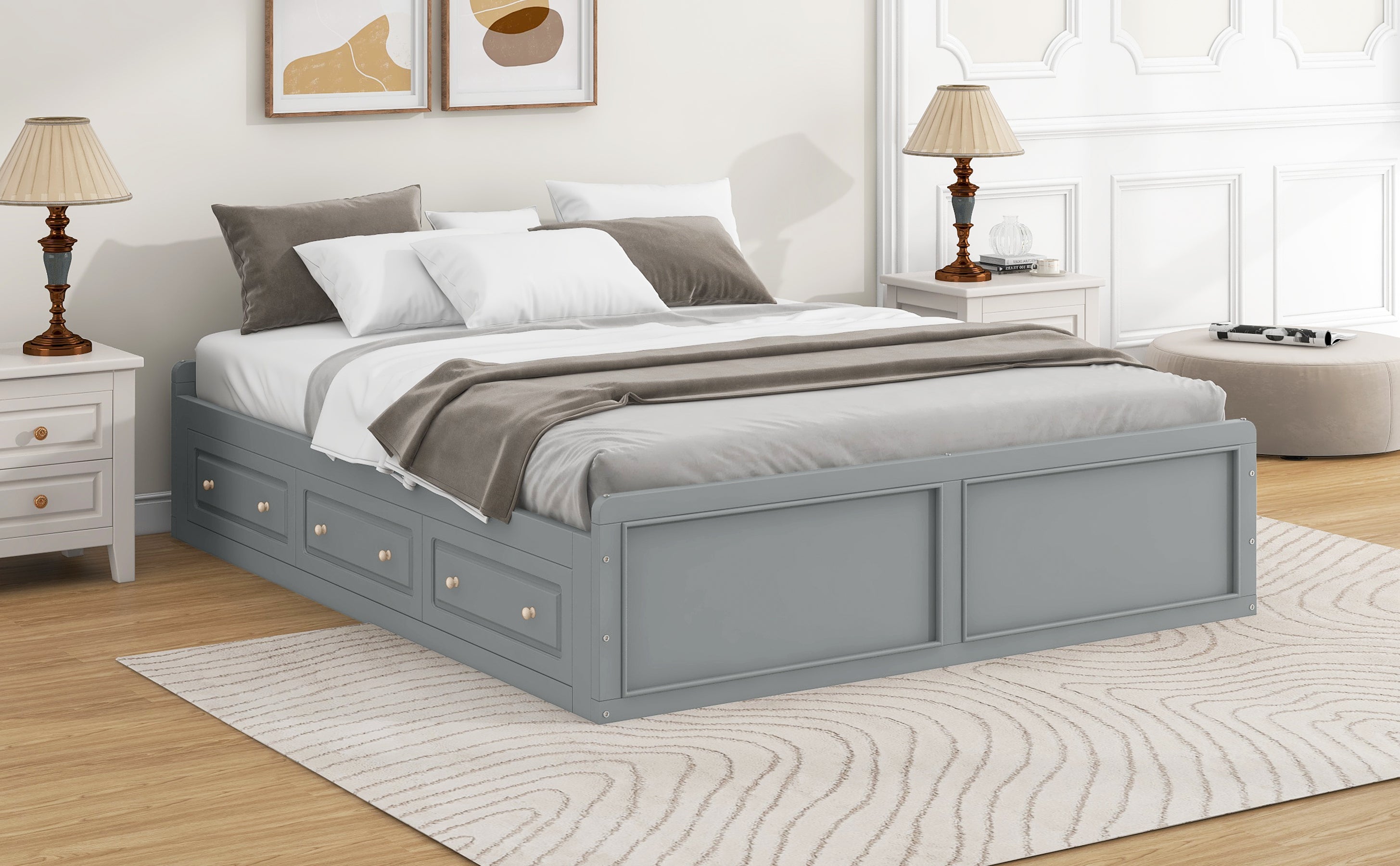 Wood Queen Size Platform Bed Frame with 6 Drawers
