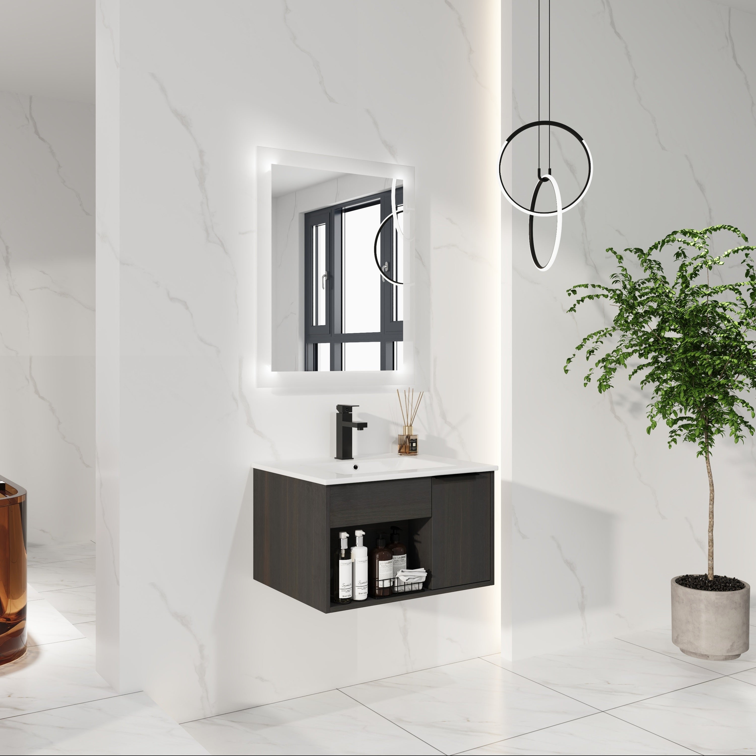 24" Wall-Mounted Floating Bathroom Vanity with Ceramic Sink