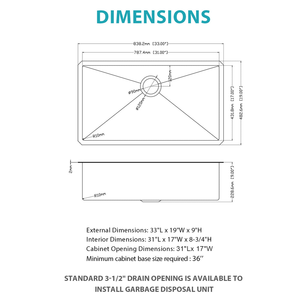 33 Inch Undermount Stainless Steel Kitchen Sink