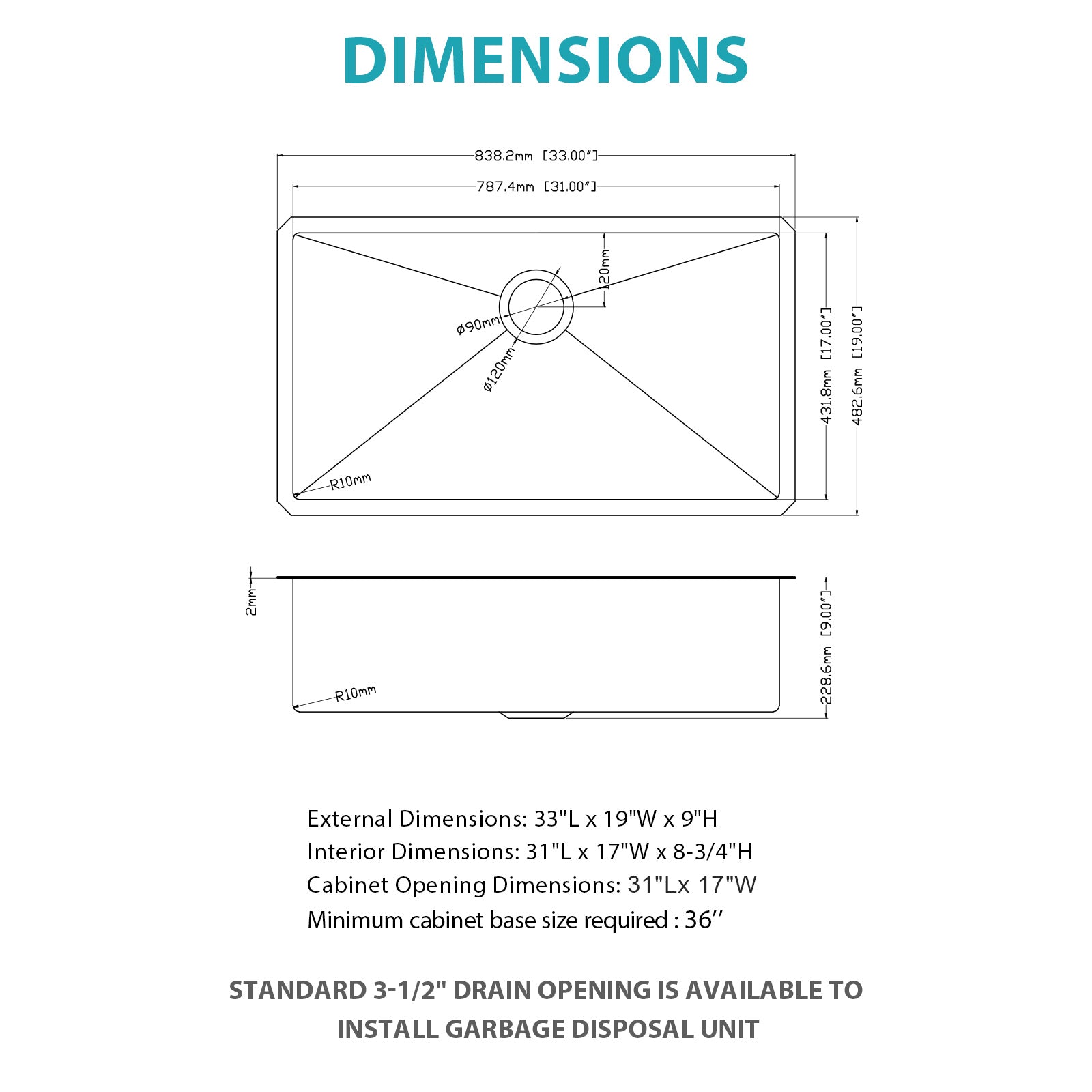 33 Inch Undermount Stainless Steel Kitchen Sink