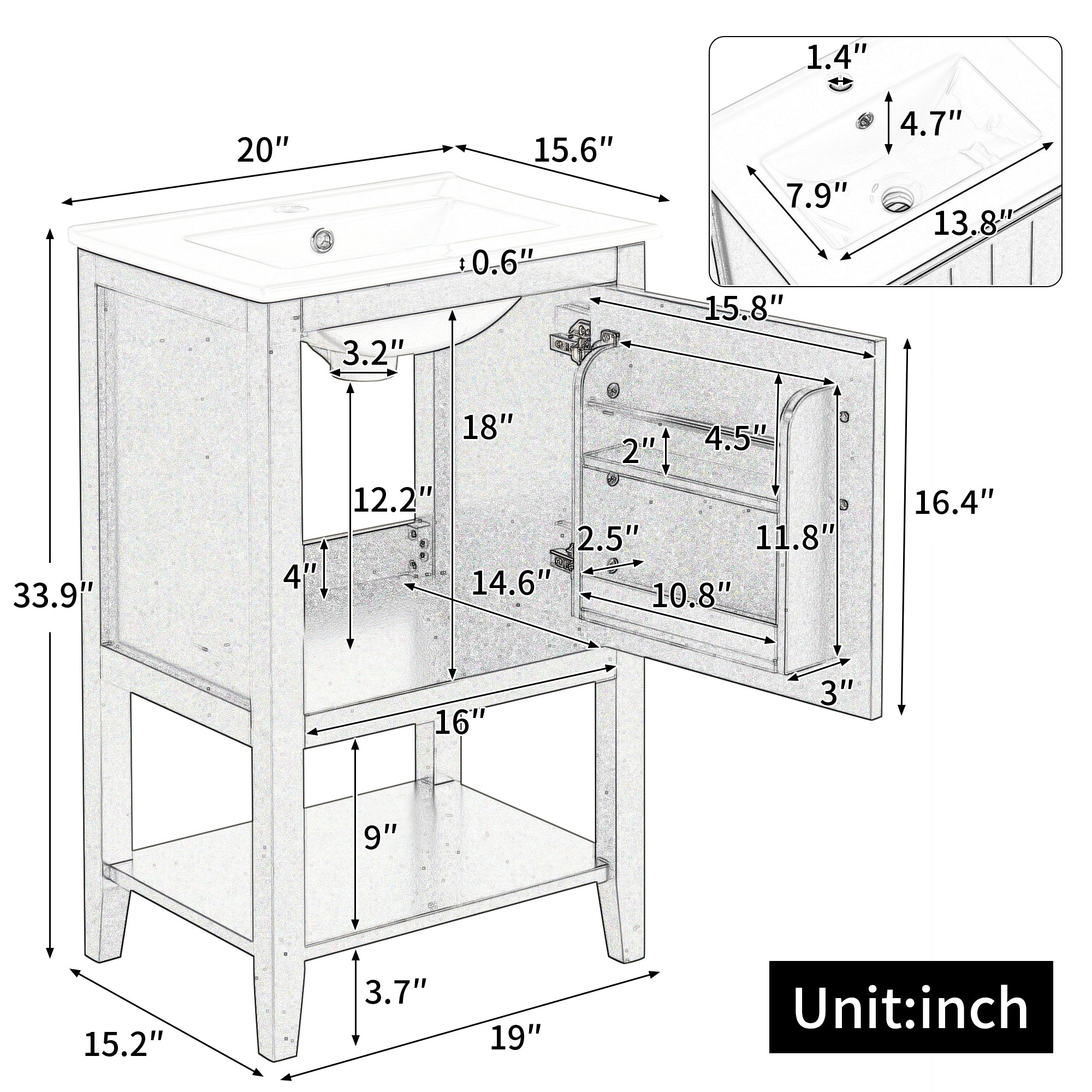 20" Bathroom Vanity with Sink - Black Cabinet